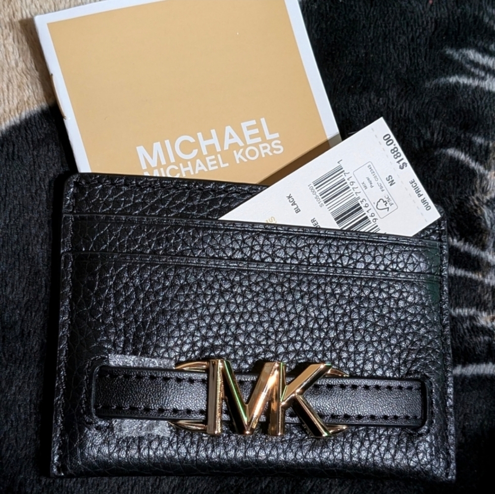 Michael Kors Black Pebbled Leather Wallet Gold MK Logo NWT